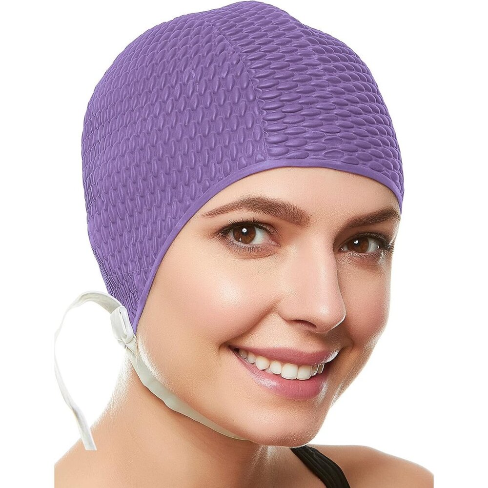 Beemo Swim Cap Women Chin Strap Bubble Crepe Latex Long Short Hair - Lavender